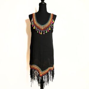 CYN Tropical Knit Fringe Beach Cover Up Dress Womens SZ OS Retro Boho Fairygoth
